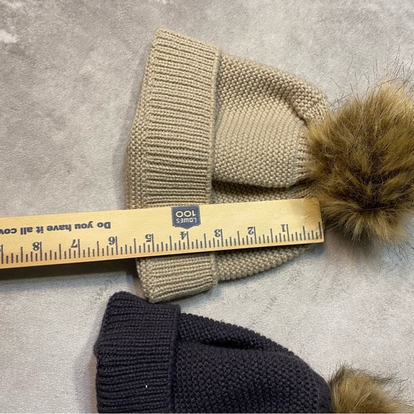 Gertex Twin Pom Pom Faux Fur Beanie Hat Lot 2 Toddler Little Kids Tan & Gray - Picture 2 of 11